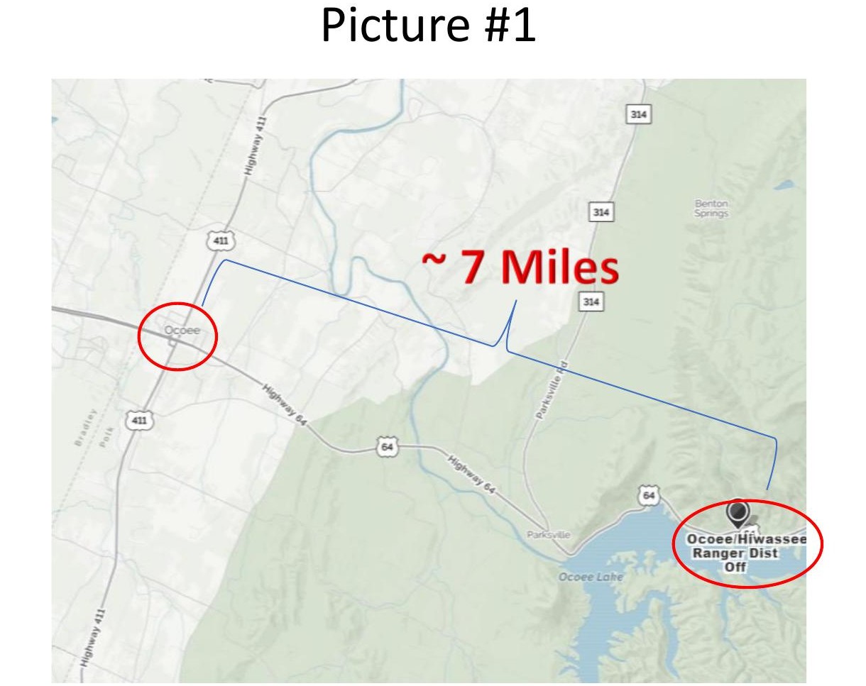 Map showing the roughly 7 mile stretch from the Highway 64/411 bridge intersection to the Ocoee Ranger Station