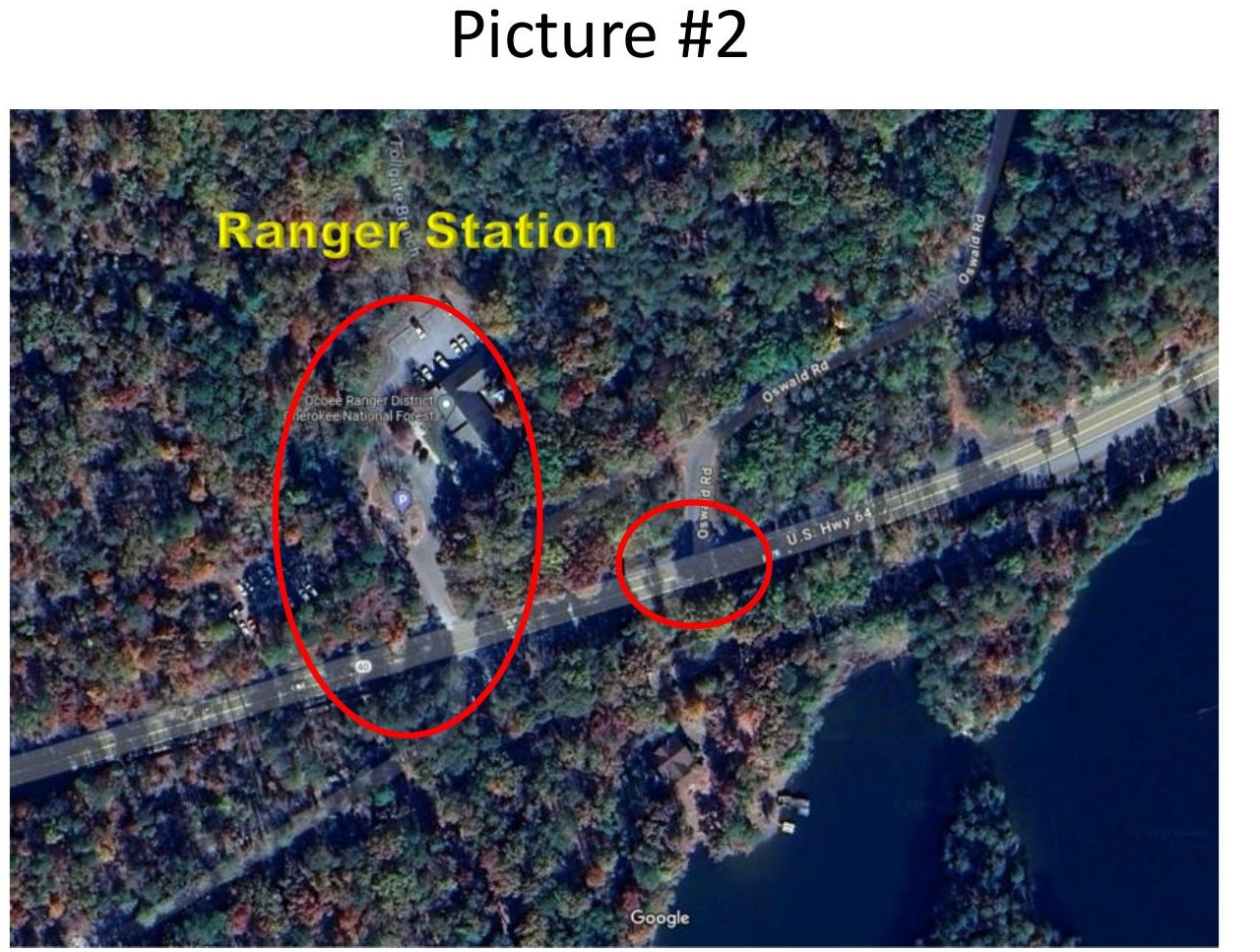 Aerial view of the Ocoee Ranger Station showing the left turn onto Forest Road 77 / Oswald Road