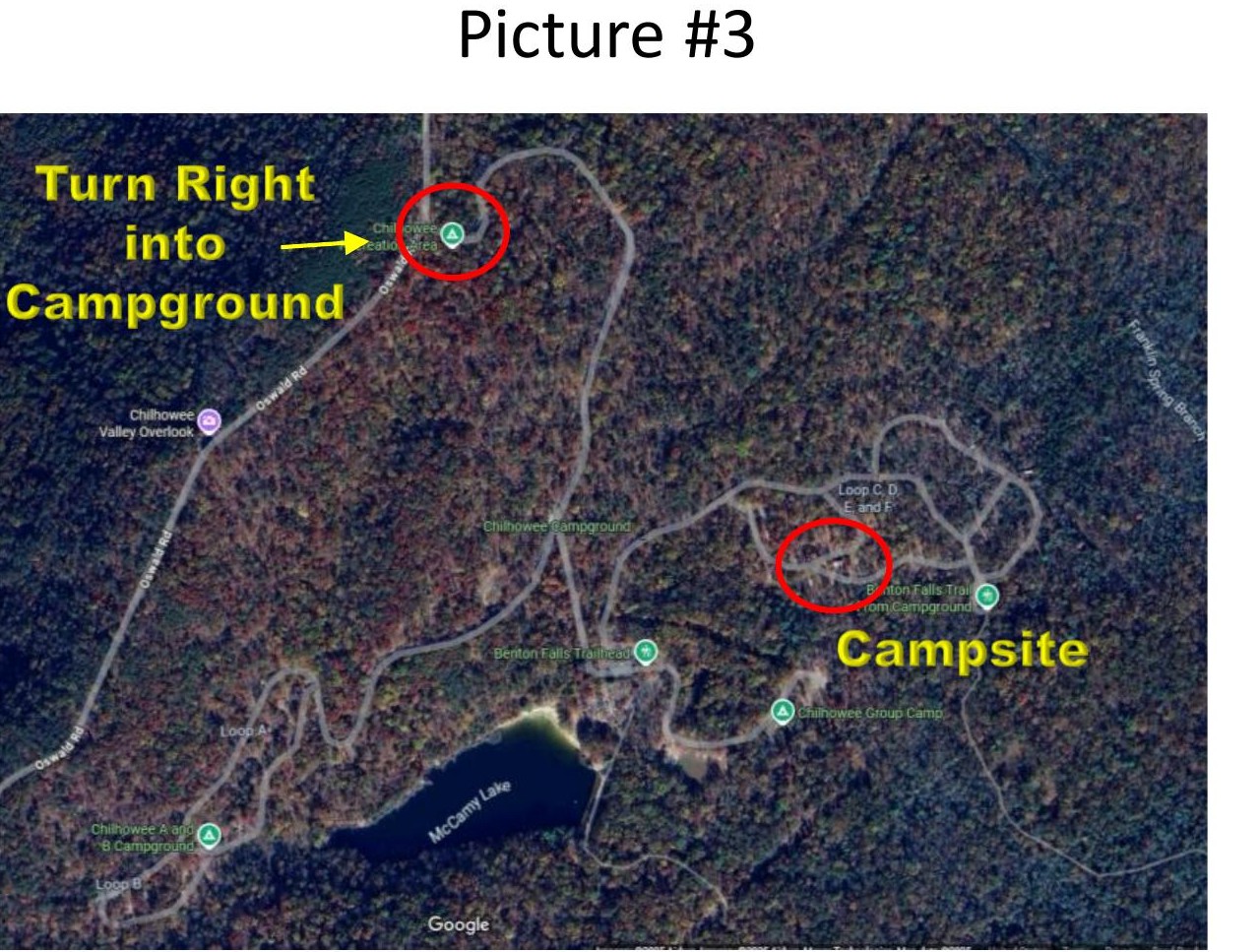 Aerial view showing the right turn into Chilhowee Campground and the group camp area near Loops C, D, E and F